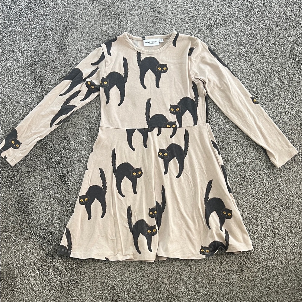 Mini Rodini Beige and Black Cat Print Dress